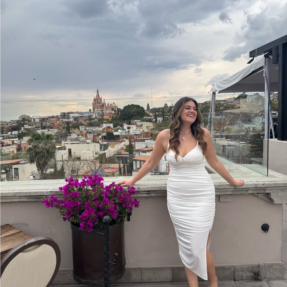 White Thick Ruched Midi Dress